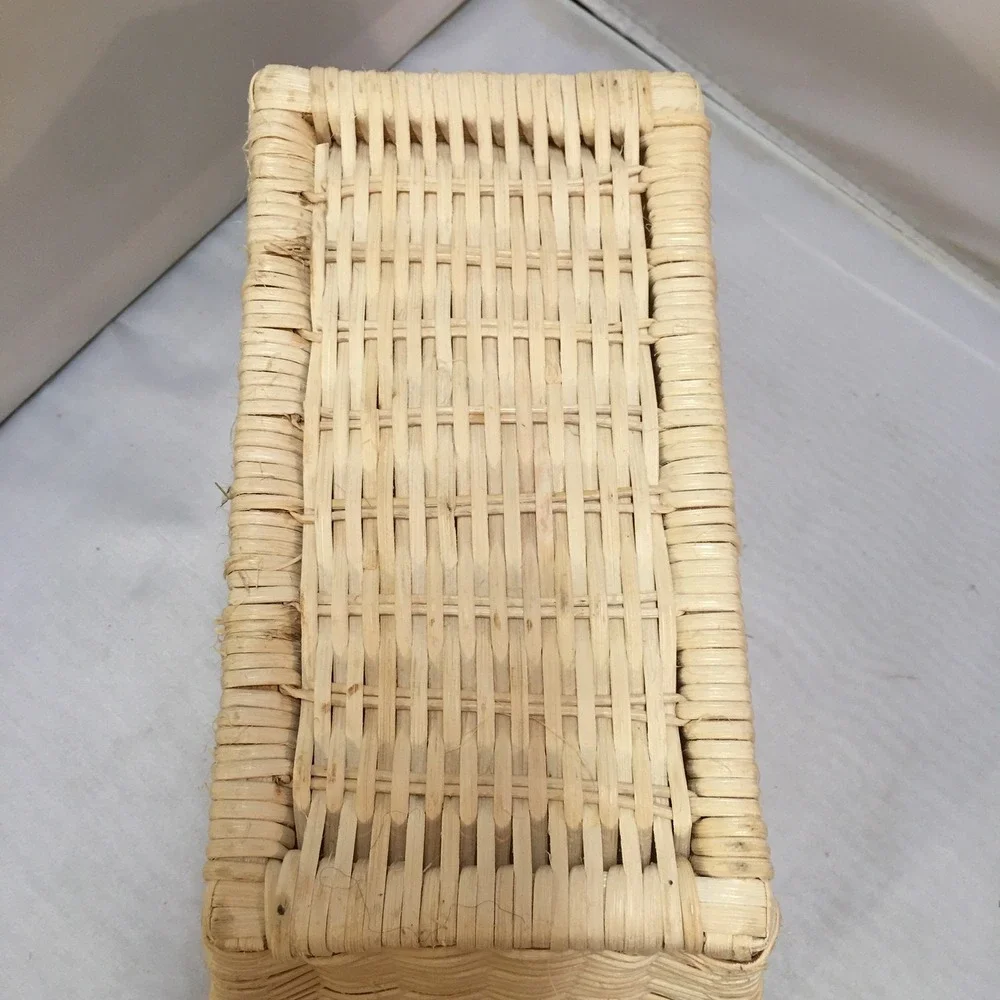 Woven Wicker Storage Basket Unisex Small Natural Tan Leather Handles Cottagecore